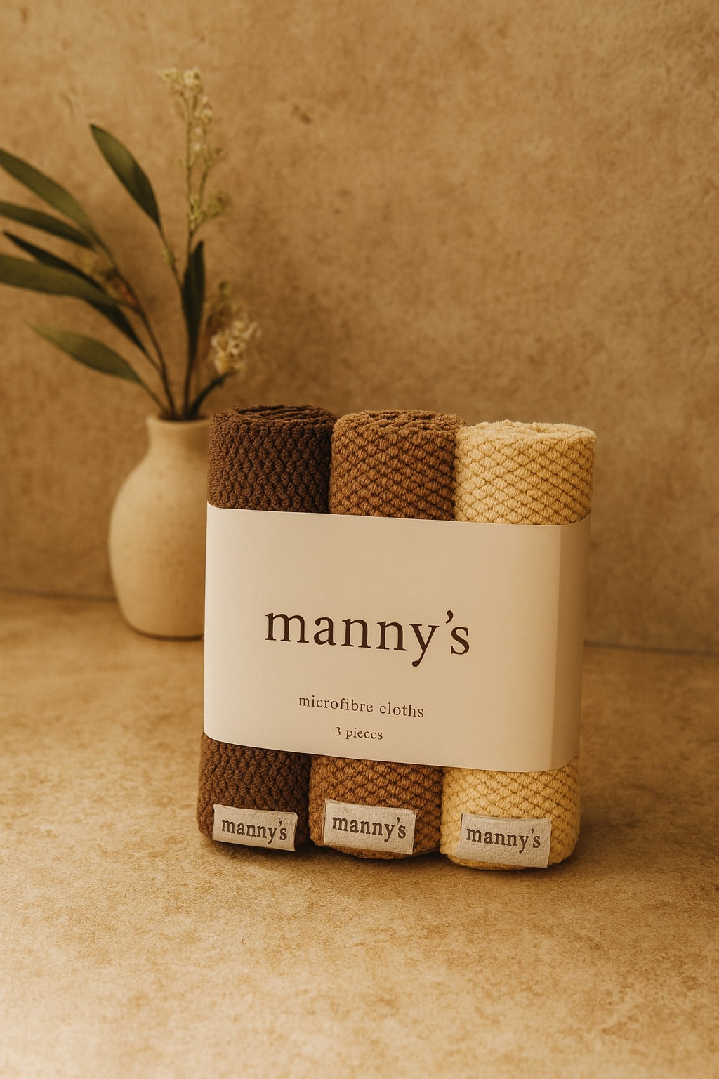 Pack of three neutral microfibre cloths styled in modern kitchen with natural light