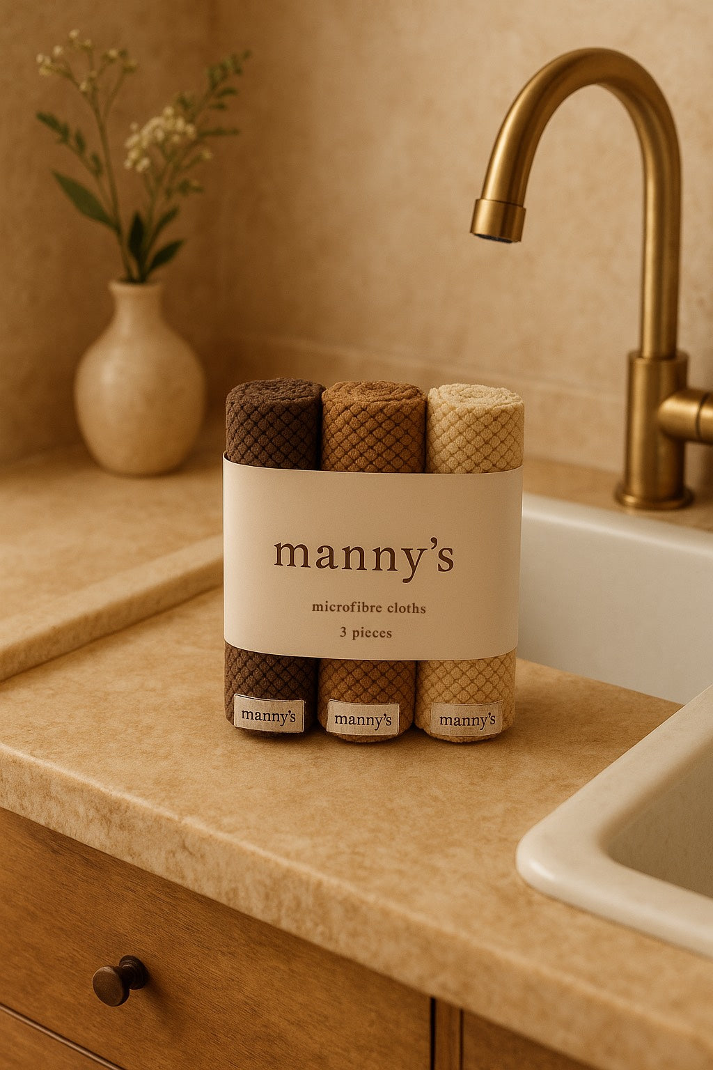 Neutral microfibre cleaning cloths in beige, and brown on travertine kitchen bench top.