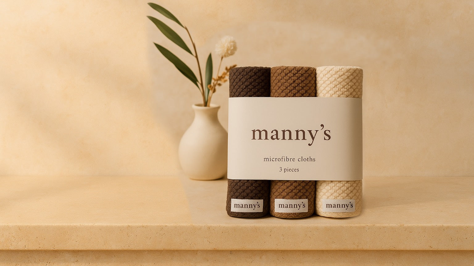 Neutral-toned microfibre cloths in beige, brown and nude packaged together in Manny's packaging. Sitting on modern travertine kitchen splash back. 